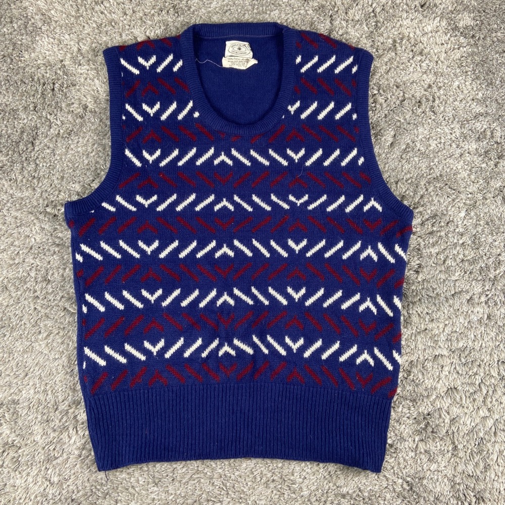 Vintage Roger Hall Sweater Vest Men Medium Blue Geometric Orlon Knit Preppy 70s